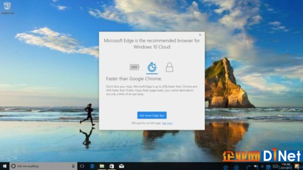 這意味著Windows 10 Cloud用戶仍然有這豐富的應用可以選擇，另外值得注意的是，當用戶嘗試安裝Windows應用商店之外的應用時，系統顯示彈窗。比如當用戶準備安裝Chrome瀏覽器的時候，系統彈窗會建議用戶使用微軟的Edge瀏覽器，而不是簡單粗暴的顯示當前版本的系統不支持Chrome瀏覽器。