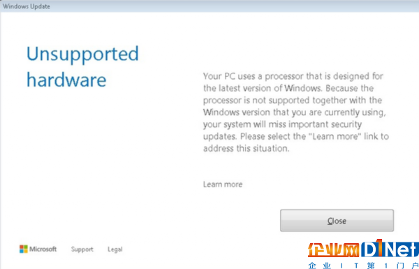 使用最新CPU的用戶在升級(jí)舊版Windows時(shí)會(huì)收到兼容性提示