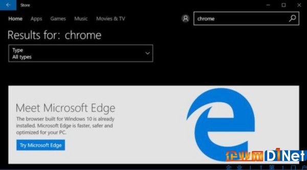 在微軟商店搜索Chrome被推薦Edge