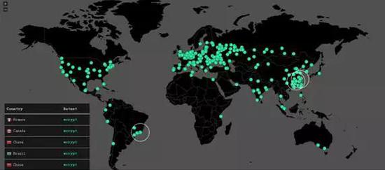 世界各地感染WannaCry的實時監控圖，圖片來自網絡