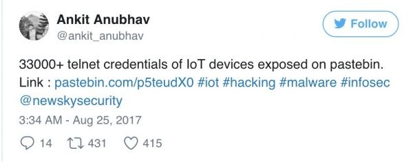 逾 1700 臺 IoT 設備的有效 Telnet 憑據在線泄漏，61％ IP 位于中國-E安全