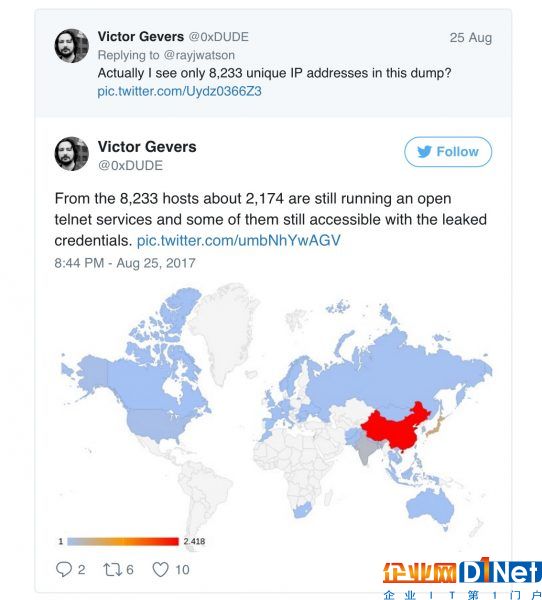 逾 1700 臺 IoT 設備的有效 Telnet 憑據在線泄漏，61％ IP 位于中國-E安全