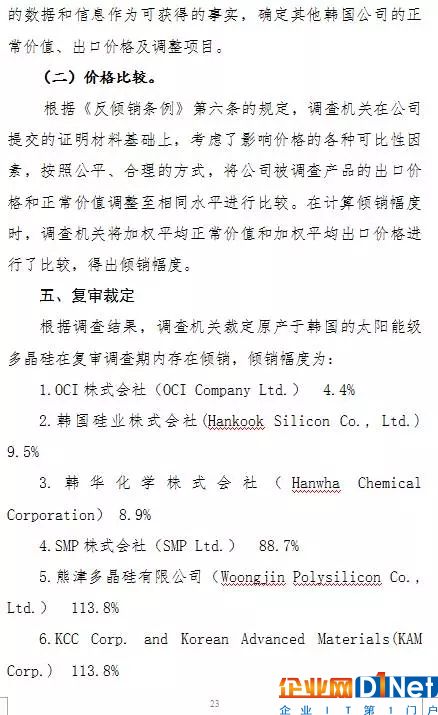 商務部高韓國多晶硅反傾銷稅率至4.4%-113.8%