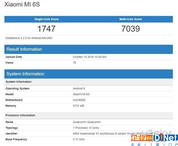 小米6S現(xiàn)身跑分網(wǎng)站，竟搭載高通驍龍835芯片