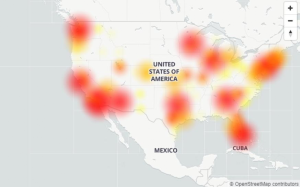 圖：DownDetector 網(wǎng)站上截至本周一晚 T-Mobile 用戶在全美范圍內(nèi)的斷網(wǎng)情況